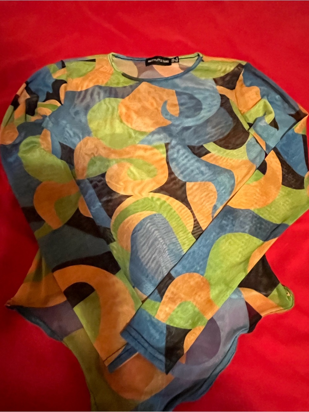 PrettyLittleThing Blue Green Orange Wave Print Long Sleeve Sheer Bodysuit